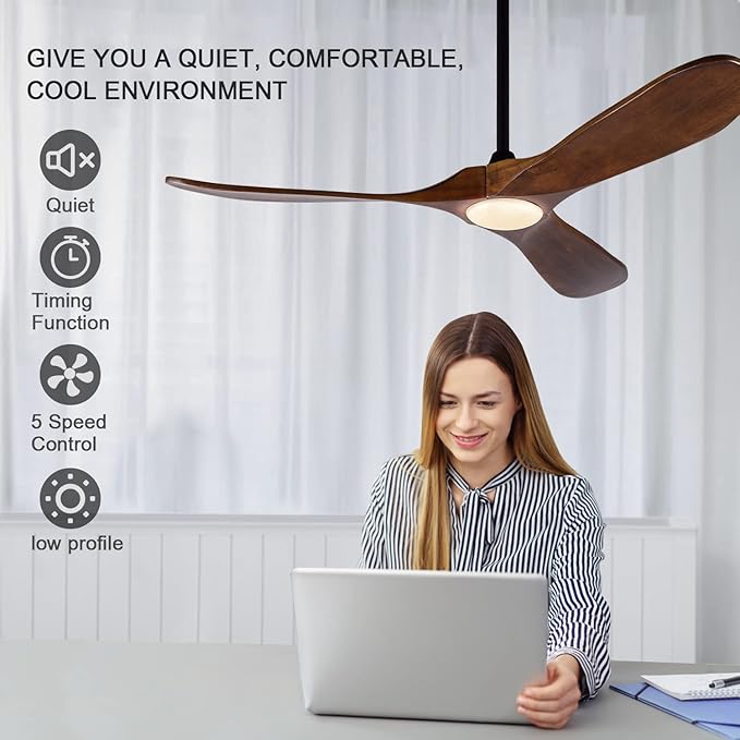 BOJUE 52 Inch Indoor Outdoor 3 Wooden Blades Remote Control with Light Modern Ceiling Fan for Terrace Living Room Bedroom (Deep Walnut Blades)
