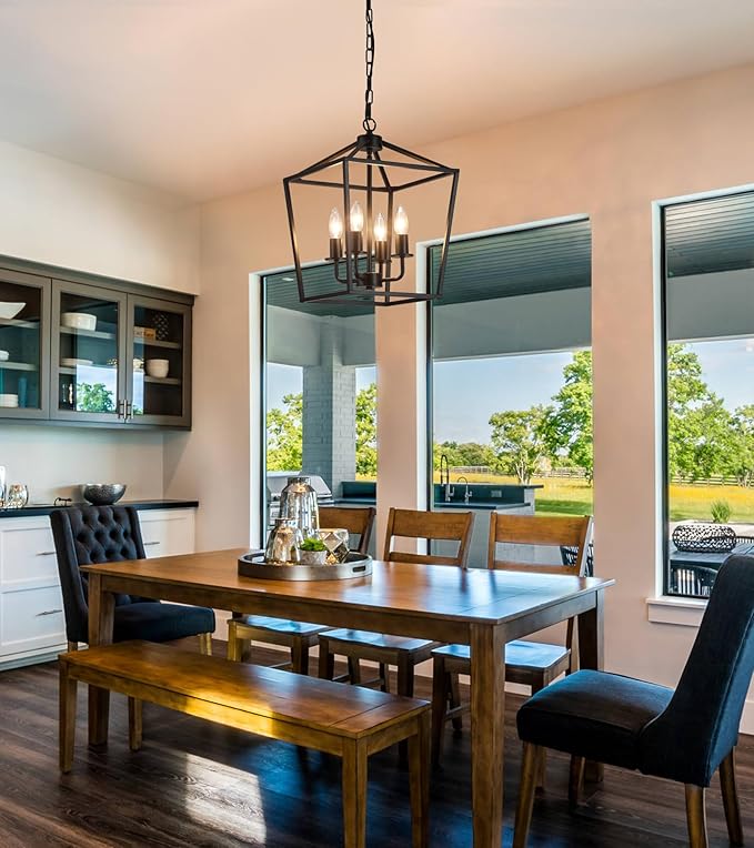 AMZASA UL Listed Black Industrial 4 Light Lantern Chandelier Ceiling Light Fixtures Farmhouse Metal Cage Rustic Geometric Pendant Light for Kitchen Island Entryway Dining Room Stairs and Hallway