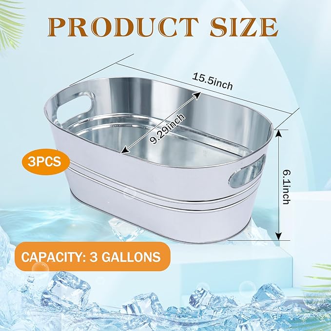 3 Pcs Galvanized Tub 3 Gallon Ice Bucket Metal Drink Buckets for Parties Beer Beverage Tub with Carry Handles for Champagne Cocktails Wine Cooling for Mimosa Bar Supplies