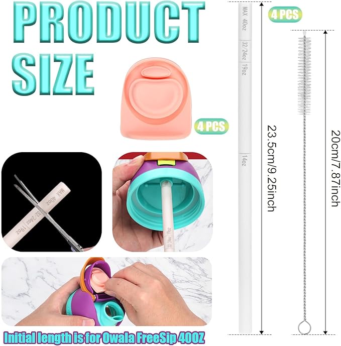 4pcs Pink Replacement Mouth Gasket Stopper for Owala FreeSip 19/24/25/32/40oz Cap, with 1 Brush & 4pcs White Straws with Scale, Water Bottle Lid Top Plug Rubber Seal Part Accessories