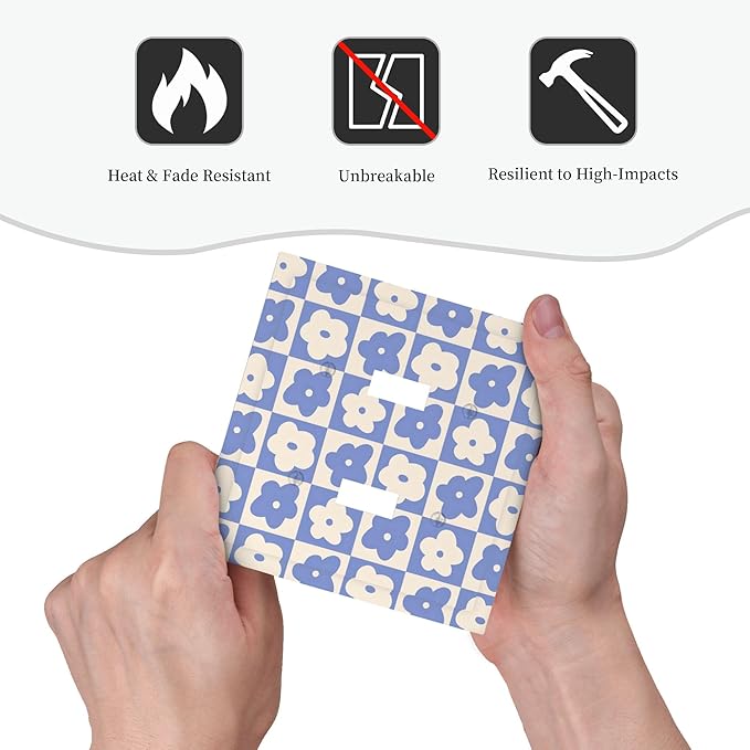 Blue and Cream Floral Checked Plaids Double Toggle Light Switch Covers 2 Gang Wall Plate Dual Decorative Switchplate Electrical Faceplate for Bathroom Country Kitchen Bedroom Decor, 4.9" x 5"