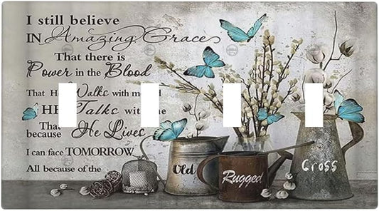 Blue Butterfly Rustic Flower Inspirational Quotes Quad Toggle Light Switch Covers 4 Gang Wall Plate Decorative Switchplate Electrical Faceplate for Farmhouse Country Bedroom Kitchen Decor