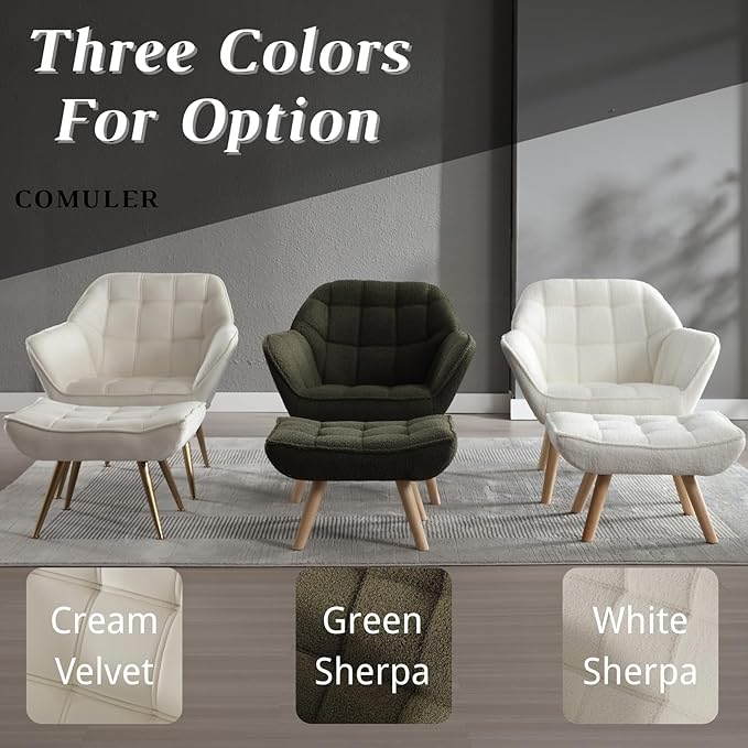 Beige Velvet Accent Chair with Ottoman ，Modern Reading Chair with Ottoman Set, Comfy Fuzzy Armchair Living Room Chair Lounge Chair with Metal Legs for Small Spaces Bedroom Apartment