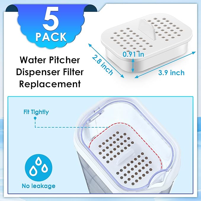 5 Pack Water Pitcher Dispenser Filter Replacement, Compatible with Nakii Filter Pitcher NFP-100, Reduces Chlorine, Sediment, Color and Odor, Replacement Filters for Pitcher