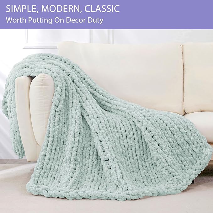 Bigacogo Chunky Knit Throw Blanket for Couch, 40x60 inches, 100% Hand Knitted with Thick Jumbo Chenille Yarn, Cozy Soft Large Rope Knot Cable Crochet Blankets for Sofa Bed Living Room, Mint