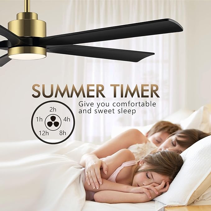 52" Modern Ceiling Fan with Light and Remote Control, 5 Solid Wood Blades 6-Speed Noiseless Reversible DC Motor, Ceiling Fan for Bedroom Dinning Living Room, Gold Finish with Black Blades