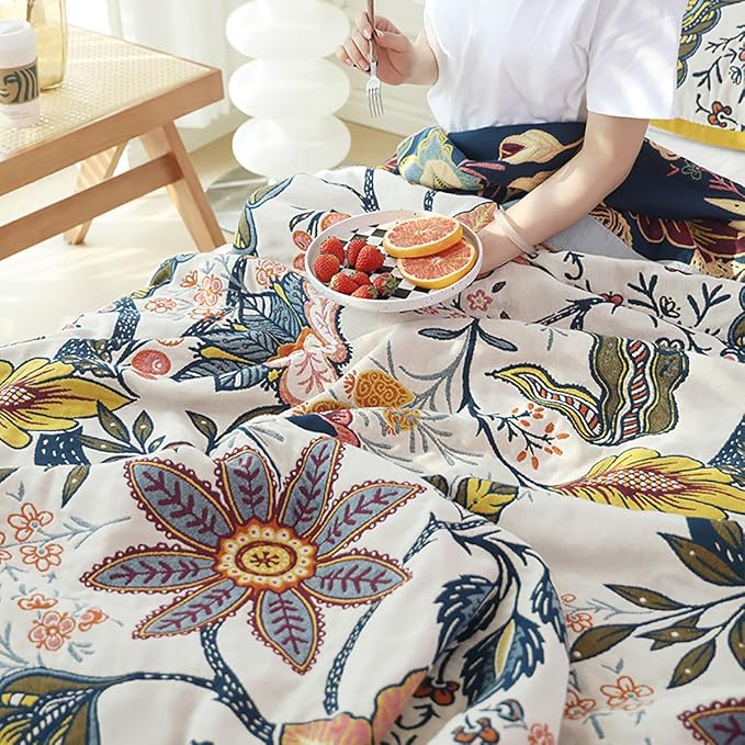 Boho Muslin Blanket for Adults 6-Layer Gauze 80 x 90 Inches Soft Cozy 100% Cotton Summer Cooling Blanket Floral Farmhouse Home Decor Sofa Bed Coverlet Both Sides (Boho Floral, 80 x 90 in)