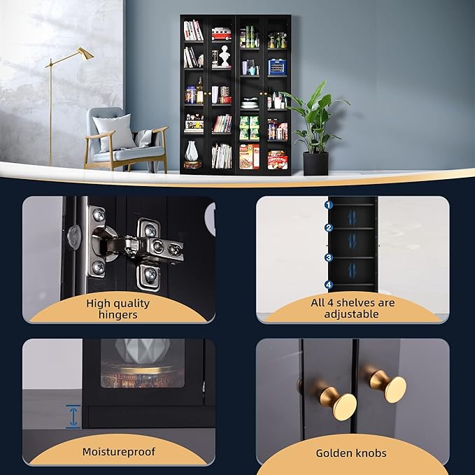 5 Tier Metal Curio Cabinets, Modern Bookshelf Cabinet with 4 Adjustable Shelves, Cabinet Display Case for Home Office, Living Room, Pantry (Black-27.5W)