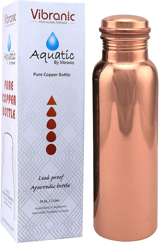 Aquatic Copper Water Bottle 34oz - Leak Proof - Ayurvedic Copper Bottle -Perfect Ayurvedic Copper Vessel for Sports, Fitness, Yoga - Natural Health Benefits - Plain - Made in India