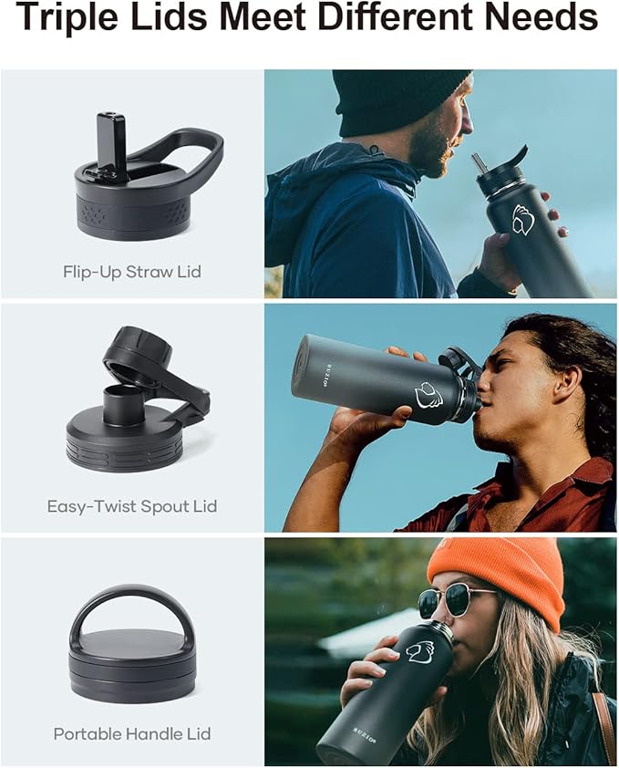 BUZIO Water Bottle with Straw lid, Spout Lid, Hand Lid and Carrying Pouch, 32oz 40oz 64oz Stainless Steel Water Flask Jug, Cold for 48 Hrs Hot for 24 Hrs Double Vacuum Thermo Canteen Mug, BPA-Free