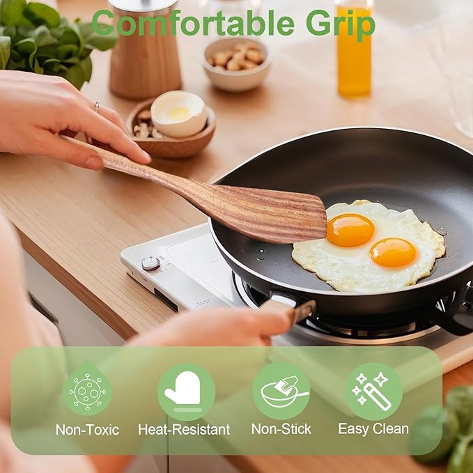 2 Pack Wooden Spatula, Acacia Wood Long Handle Flat Frying Turner, Handmade wooden spoons for cooking, Kitchen Utensil set, Non-Stick Cooking Spurtle Utensils for kitchen use
