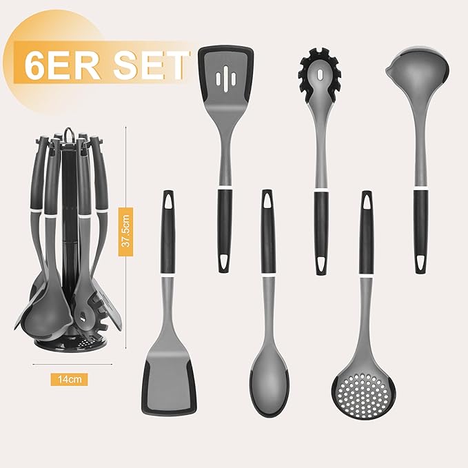 6-Piece Silicone Kitchen Utensil Set with Rotating Stand, Non-Stick, Heat-Resistant (400°F), Nylon Handle, Cooking Spatula Set for Baking & Cooking, Light Gray
