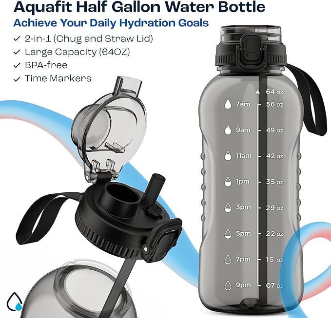 AQUAFIT 64 oz Water Bottle with Time Marker - 2in1 Straw & Chug Lid - BPA Free Big Water Bottle with Straw - Gym Water Bottle with Strap - Water Jug (64 Ounces, Gray)