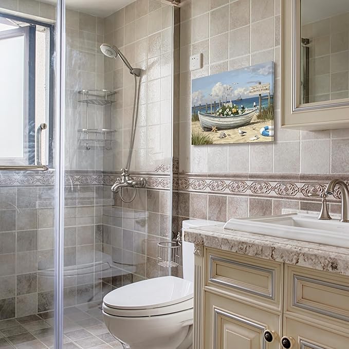 amatop Coastal Wall Art– Beach Scene Picture with Boat on Sandy Shore, Flowers and Sea Birds, Blue Ocean Seascape Themed Canvas Print Nautical Artwork for Bathroom and Bedroom Decor, Small 16x12 Inch