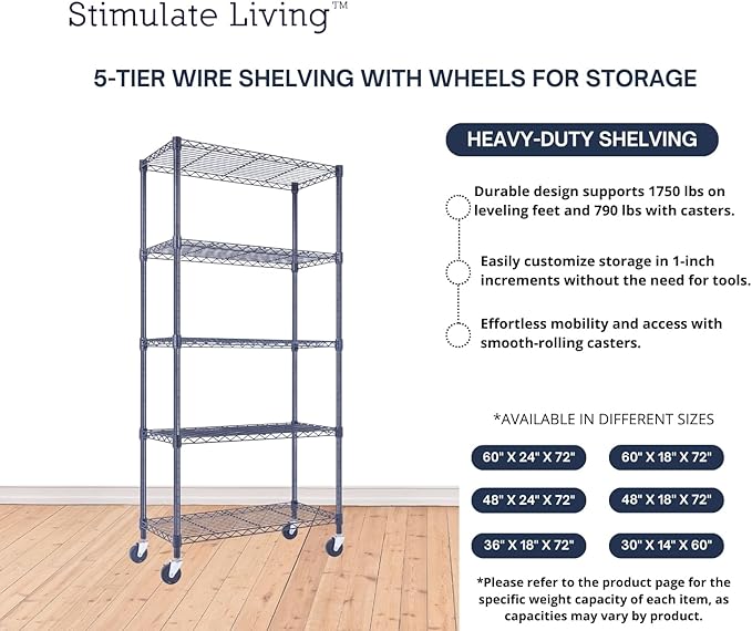 30"x14"x60" PRIME HEAVY DUTY Black 5-Tier Wire Shelving 1,750 LBS MAX Capacity Storage Rack for Commercial, School, Home, Garage, Warehouse, Industrial, and Hospital Uses (with Wheels)