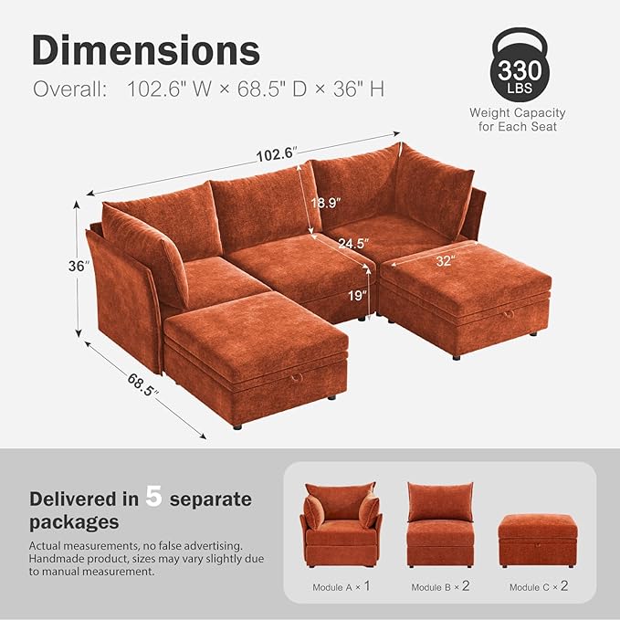 102.6" U Shaped Modular Sectional Sofa, 5 Seater Couch with Storage Ottoman Deep Seat and High Backrest with Removable Cover for Living Room, Apartment - Chenille Terracotta Orange