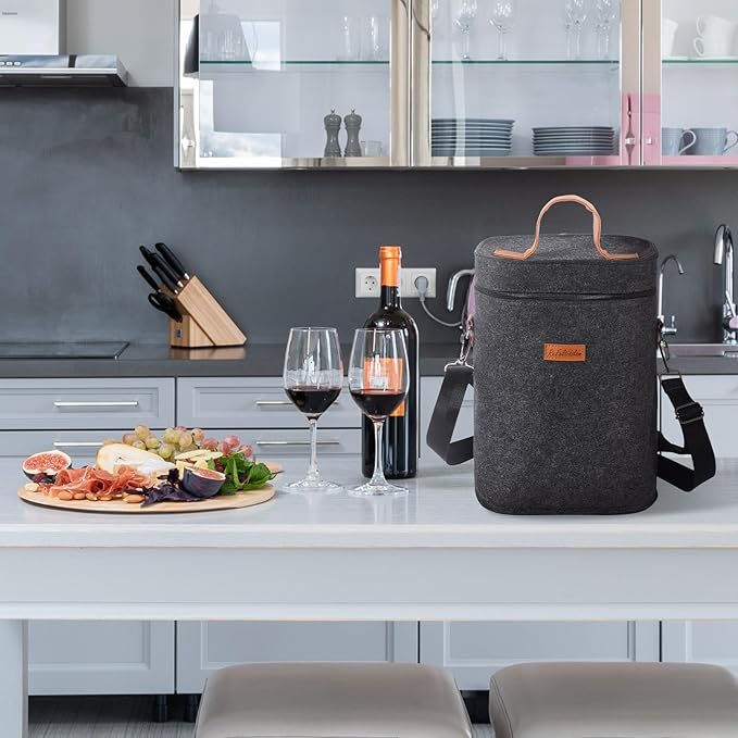 4 Bottle Carrier Tote, Thicken Felt Wine Carrier Padded Portable Wine Bottle Bag with Leather Handles & Shoulder Strap for Party, Picnic, Travel, BYOB (Dark Grey)
