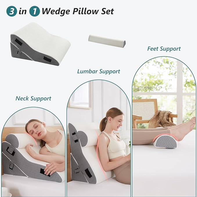 3 PCS Upgraded Bed Wedge Pillow for Sleeping - 35D Post Surgery Pillow for Back Leg Pain Relief - 22" Wide Adjustable Triangle Wedge Pillow Set for Acid Reflux & GERD & Snoring(white grey)