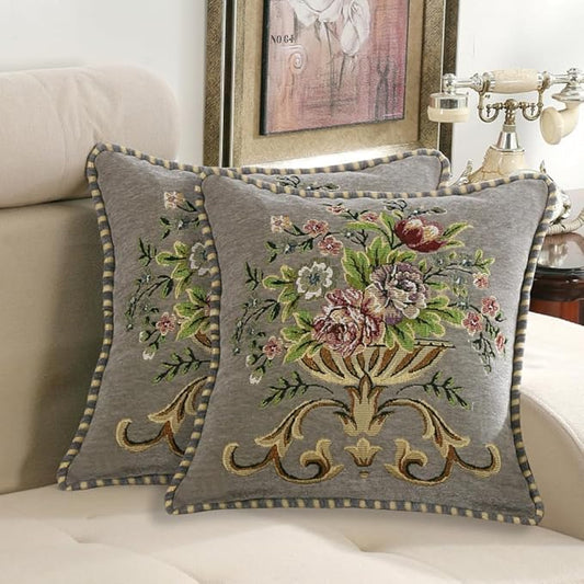 2 Pcs Grey Chenille Vintage Embroidered Throw Pillow Covers 18x18in,Grey Tassel Vintage Pattern Pillow Covers, Floral Embroidered Cushions Covers for Sofa Couch Bed Chairs Car