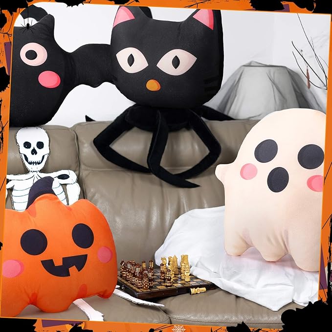 4 Pcs Halloween Plush Pillow Cat Pumpkin Bat Ghost Shaped Plush Pillow Halloween Cushion Creative Holiday Pillow Case Farmhouse Decor for Sofa Bed Couch Halloween Holiday Party Gift