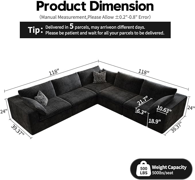 118" Cloud Couch Oversized Modular Sectional Sofa for Living Room,Modern Sofa with Deep Seat，V Shaped Boneless Couch,Comfy Upholstered Corduroy Couches for Apartment, Studio, Office,Bedroom，Black