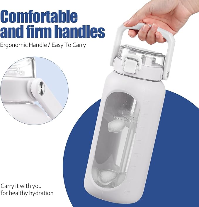 BLUEGO 64 oz Glass Water Bottle, Drinking Water Bottle with Handle and Straw, Half Gallon Motivational Water Bottle with Silicone Sleeve and Time Marker, Sports Water Bottle, BPA Free White