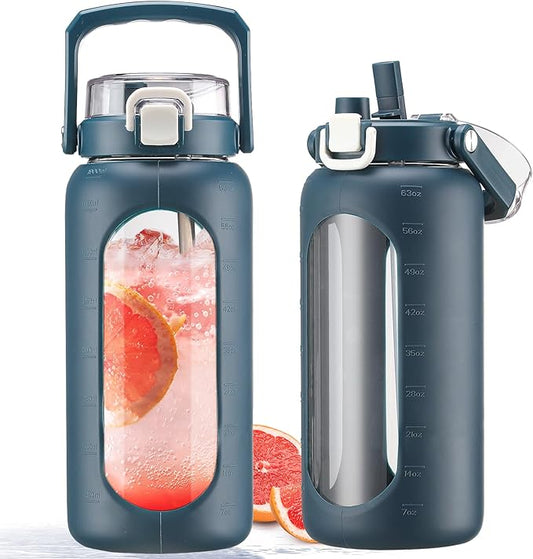 BLUEGO 64 oz Glass Water Bottle, Drinking Water Bottle with Handle and Straw, Half Gallon Motivational Water Bottle with Silicone Sleeve and Time Marker, Sports Water Bottle (Dark Blue)