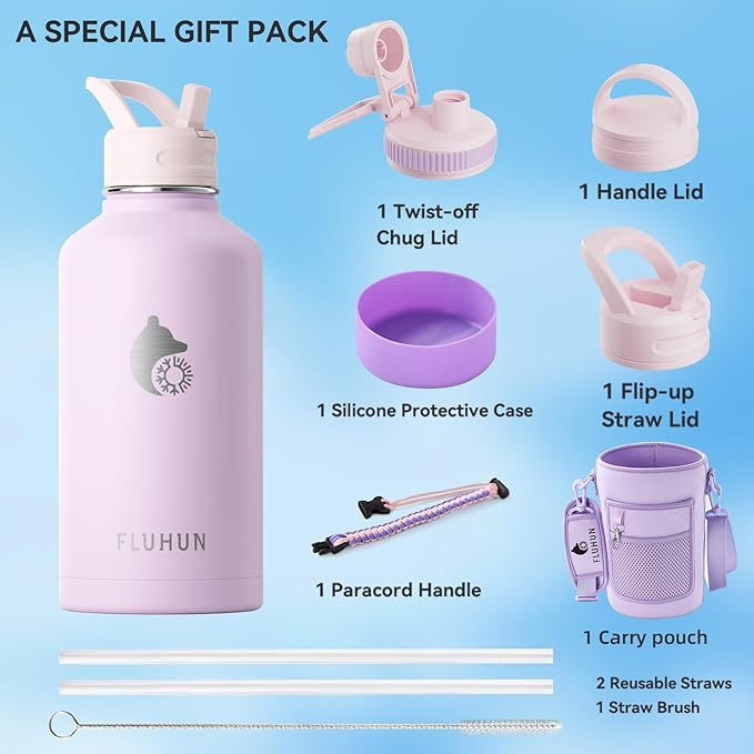 64 oz Insulated Water Bottle with Straw and Handle, Double Walled Vaccum Stainless Steel Half Gallon Water Bottle for Women, 3 Lids, Metal Canteen, Gym & Outdoors Water Jug