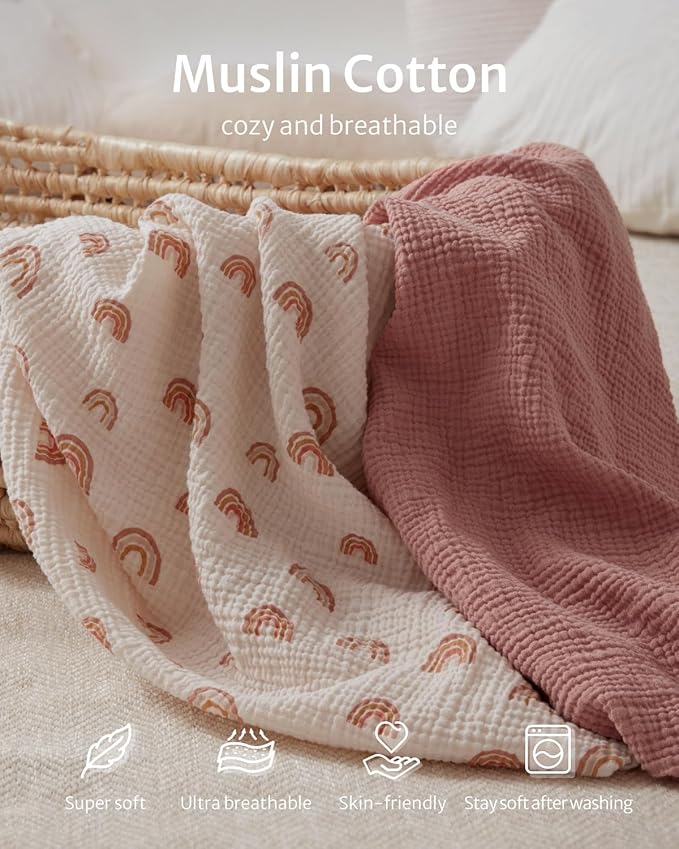 Blissful Diary Muslin Mini Crib Sheets, Pack and Play Mattress Sheets Fitted for Pack N Play, Soft Cotton for Boys Girls, 2 Pack(Dusty Pink&Rainbow)