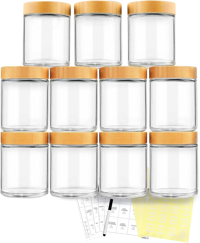 AISIPRIN Spice Jars with Label,12 Pcs 8oz Glass Jars with Bamboo Lids,Spice Organizer for Cabinet,Drawer, Rack, Seasoning Organizer Containers,Including 2 Type Labels