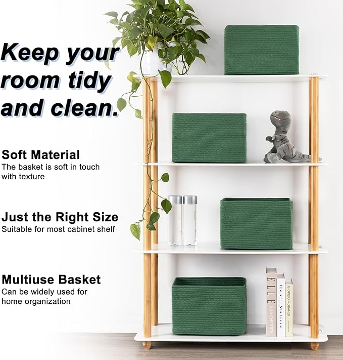 4 Pack Storage Baskets for Organizing, Woven Baskets for Shelves - Perfect for Toys, Books, Towels, and Clothes, Durable Gift Basket Bins Toy Storage, 12.7''L x9''W x7.8''H, Green