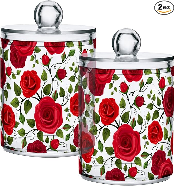 2 Pack Qtip Holder Dispenser Red Rose Flowers Bathroom Storage Canister Lid Acrylic Plastic Apothecary Jar Set Vanity Makeup Organizer for Cotton Swab/Ball/Round Pads, Floss