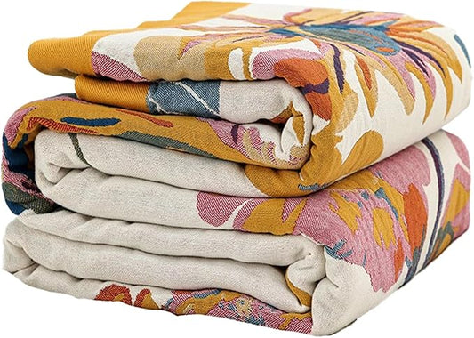 Boho Throw Blanket for Couch Sofa Bed, 100% Cotton Woven Quilt with Tassel 60”x80”, Super Soft Muslin Blanket with Floral Printed, Decorative Reversible Bed Blanket/Cover for All Seasons