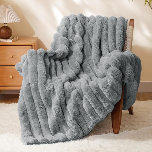 BEDELITE Faux Fur Throw Blanket for Couch, Soft and Cozy Luxurious 3D Striped Fluffy Blanket, 770GSM Thick Warm Plush Fuzzy Faux Rabbit Fur Blanket for Women Gift (Crey, 50"x 60")