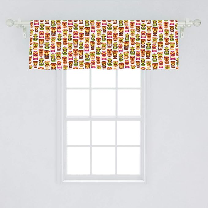 Ambesonne Tiki Bar Window Valance, Sixties Retro Inspired Hawaiian Party Happy Tiki Pattern Colorful, Curtain Valance for Kitchen Bedroom Decor with Rod Pocket, 54" X 18", White Brown