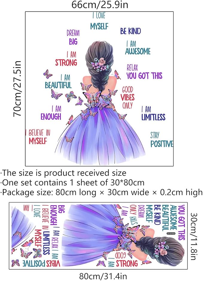 Butterfly Girl Inspirational Wall Stickers, Motivational Lettering Quotes Butterfly Wall Decals Removable Vinyl Peel and Stick for Woman Kids Baby Nursery Bedroom Toddler Room Art Decoration