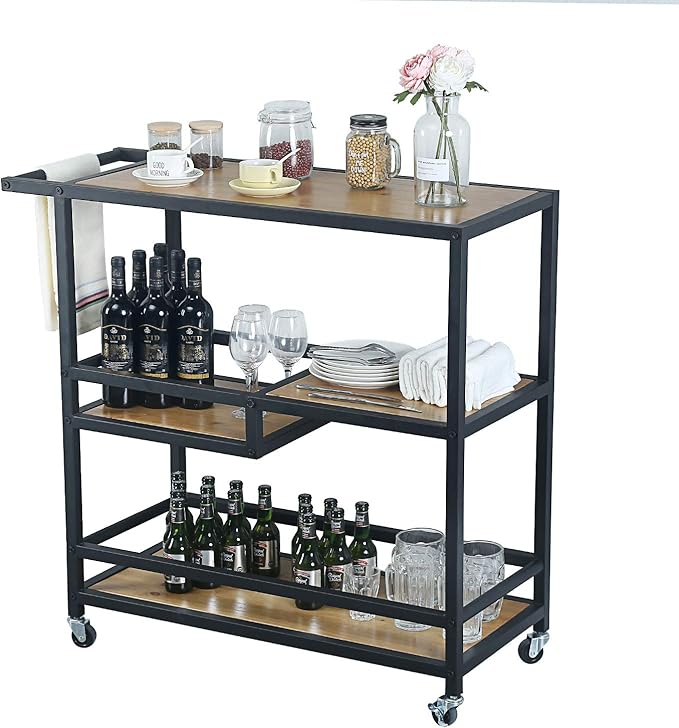 Bar and Serving Cart Industrial & Modern Rustic Rolling Bar and Serving Cart,3-Tiered Wood & Metal Kitchen Bar Cart Island with Wheels,Move Storage Coffee/Wine Island Shelf,Black