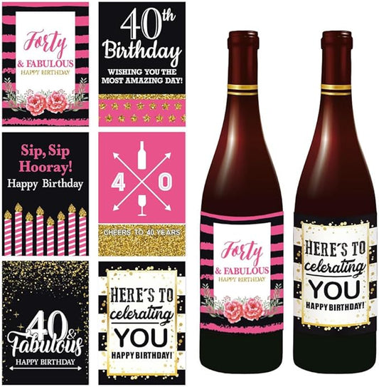 40th Birthday Wine Bottle Labels, Black and gold pink,Birthday party supplies,Funny Birthday gifts for women, Set of 6