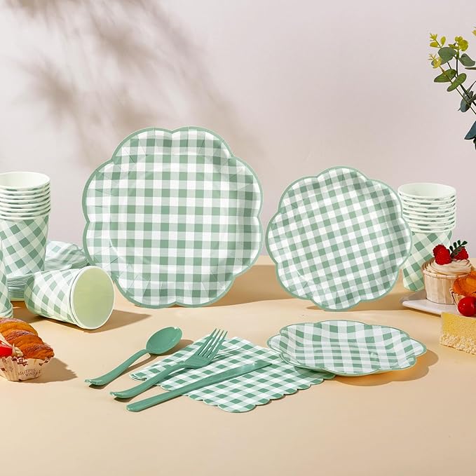 350 Pcs Sage Green Gingham Paper Plates and Napkins Party Supplies - Sage Green and White Checkered Plates Scalloped Plaid Plate for Birthday Dinner Picnic BBQ Party Decorations, Serve 50 Guests