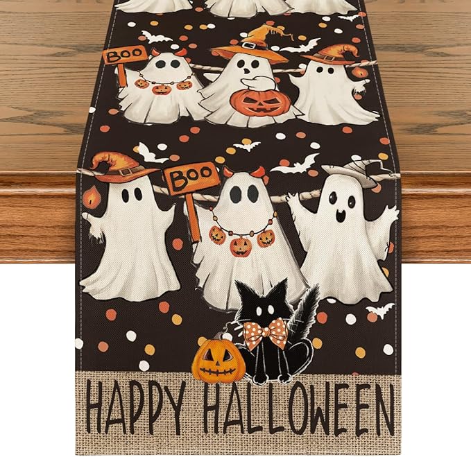 Artoid Mode Ghost Jack-O'-Lantern Black Cat Halloween Table Runner,Holiday Kitchen Dining Table Decoration for Home Party Decor 13 x 90 Inch