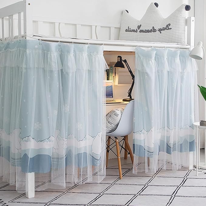 Beautiful Gauze Bunk Bed Curtains Drapes with Lace Privacy Bed Canopy for Bottom, 2 Panels, Mount Bear