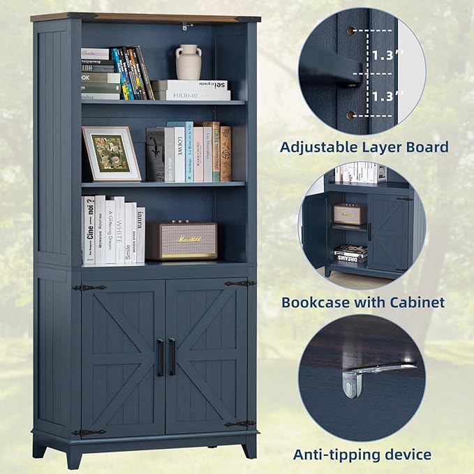 5 Tier Bookshelf 70in Tall Bookcase with Barn Doors and Storage Cabinet, Blue Farmhouse Book Shelf with Adjustable Shelves, Wood Freestanding Display Bookshelves for Bedroom, Kitchen (3PCS)