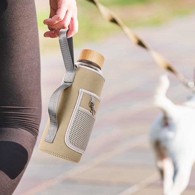 48 oz Sports Borosilicate Glass Water Bottle with Bamboo Lid with Neoprene Sleeve