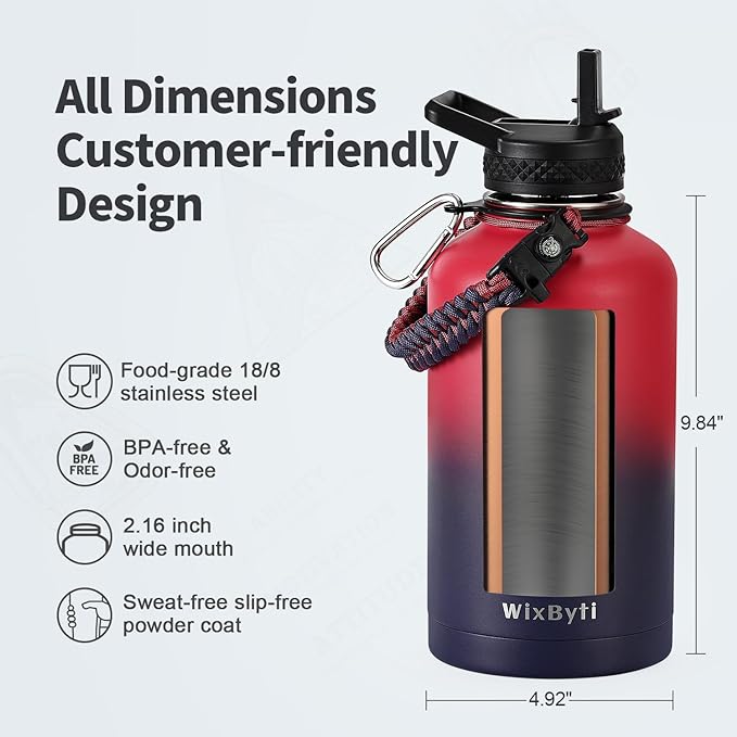 64 oz Insulated Water Bottle with Straw (Cold for 48 Hrs), Half Gallon Stainless Steel Triple Wall Vacuum Sports Water Jug, Leakproof Hydro Cup Flask with Straw Spout Lids & DIY Stickers