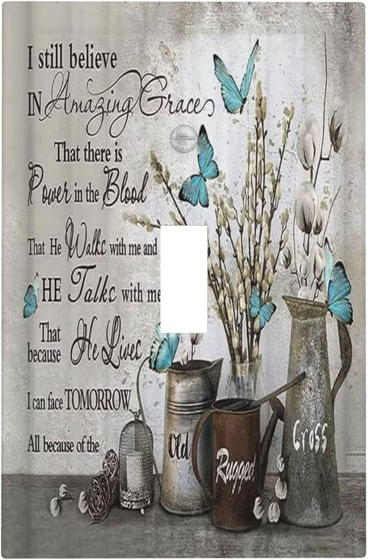 Blue Butterfly Rustic Flower Inspirational Quotes 1 Gang Light Switch Covers Single Toggle Wall Plate Decorative Switchcover Electrical Switchplate for Farmhouse Country Bedroom Kitchen Decor