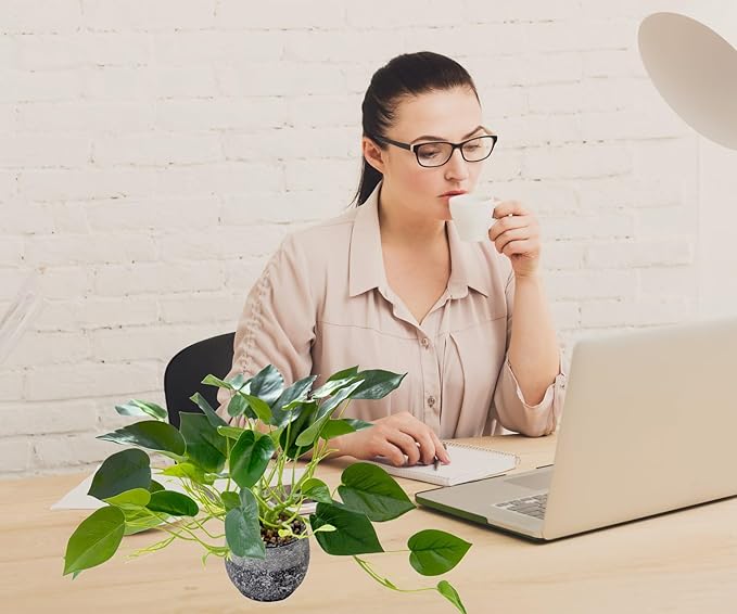 AlphaAcc Artificial Plants Potted Real Looking Small Faux Plant with Rustic Black Cement Planter for Kitchen Office Desk Bookshelf Decor (Ivy Plant)