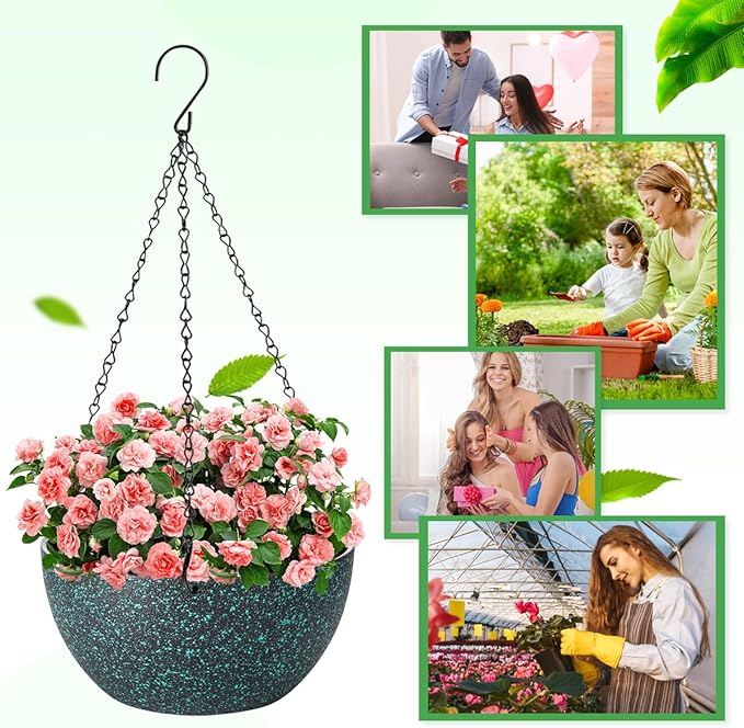 10 inch Hanging Planters for Indoor Plants, 2 Pack Planters for Outdoor Plants with Drainage Holes and Chain, Round Plastic Hanging Baskets, Hanging Flower Pots for Balcony Garden Decor-Black Speckle