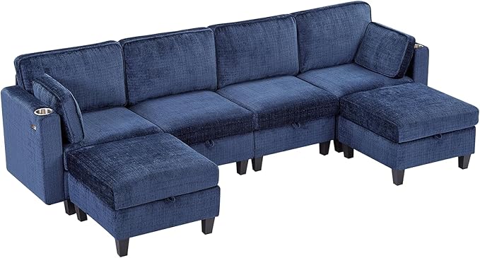 110" Modular Sectional Sofa, Convertible Sleeper Sofa Couch Bed with Adjustable Backrest, U-Shaped Chenille Cloud Couch with Ottoman Storage, Deep Seat Couches for Living Room,Blue