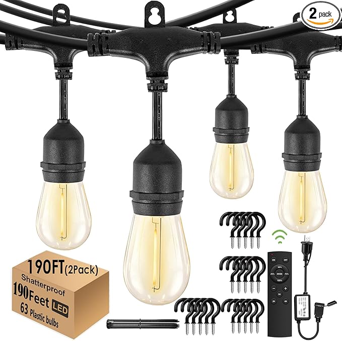 190FT Remote Controlled Outdoor String Lights Patio String Lights for Outside, 60+3 Shatterproof S14 Warm Lights String Outdoor for Bistro Café Gazebo Backyard, Linkable, 2 Pack