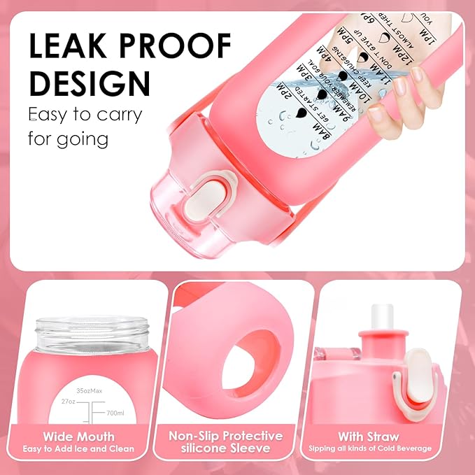 32 oz Glass Water Bottle with Time Marker - 1000ml Large Sports Motivational Water Bottles with Handle & Silicone Case, 1 Liter Leak-proof Measured Drinking Bottle for Gym Fitness Workout (Pink)